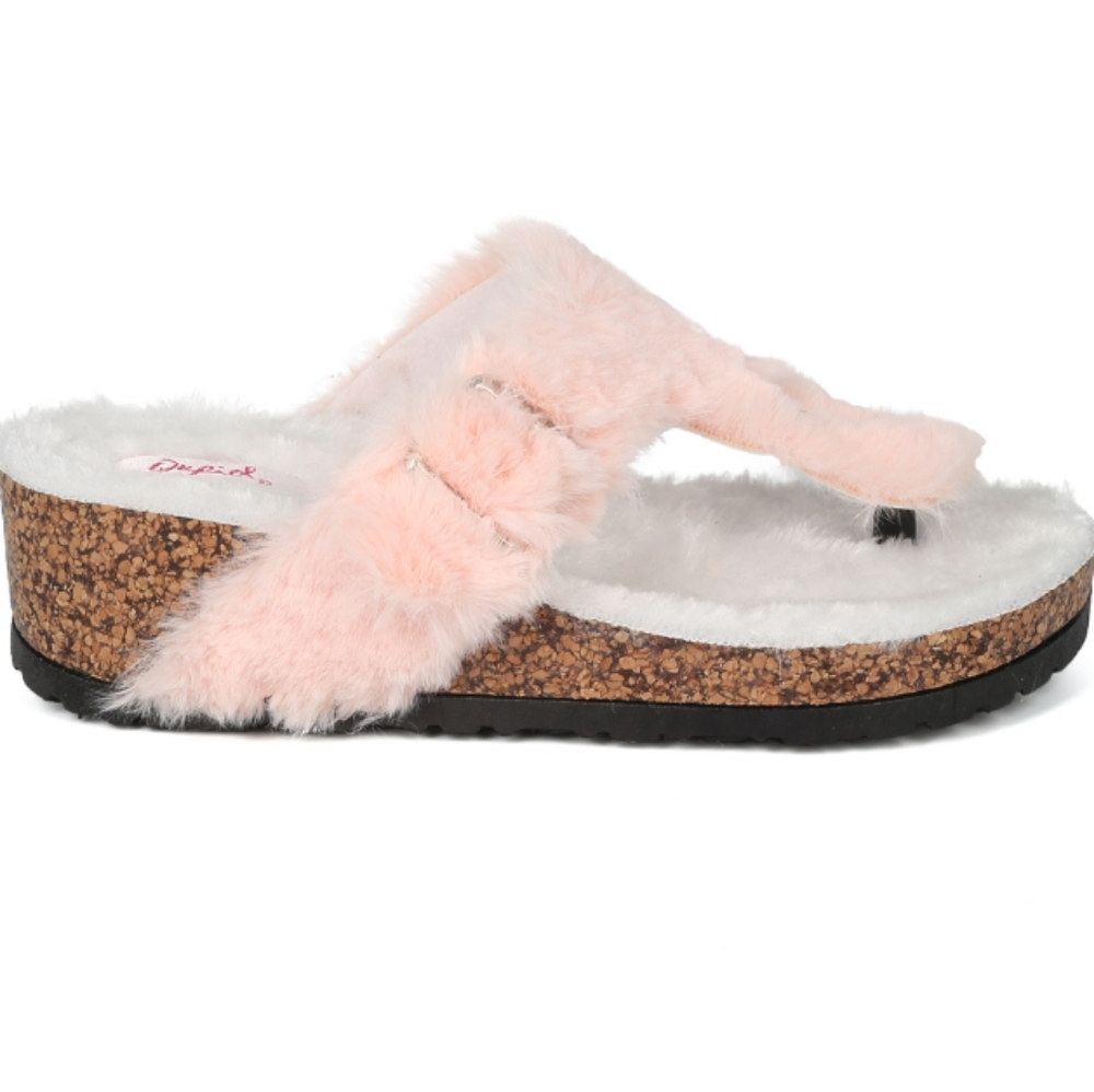 Pink Fuzzy Thong Cork Wedge Sandal